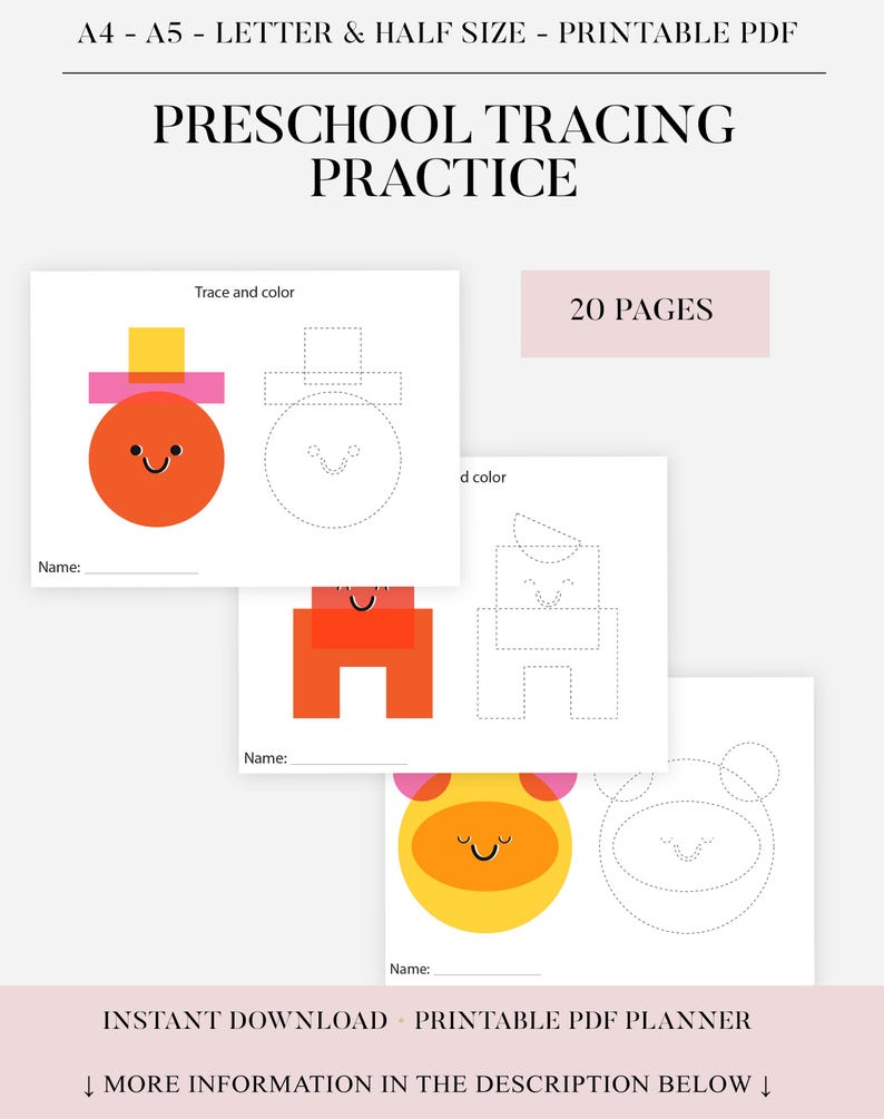 Op de afbeelding: Afdrukbare PDF-voorschoolse oefenpagina's voor het traceren. De pagina's bevatten kleurrijke vormen en contouren om te traceren, met de tekst "Trace and color" en "Name:" zichtbaar. Het document bevat 20 pagina's en is direct te downloaden.