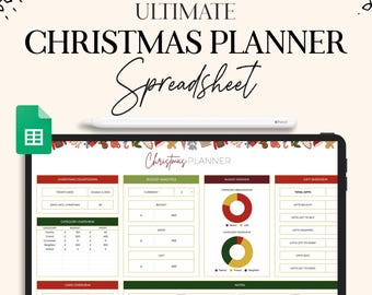 Pode incluir: Uma planilha digital de planejamento de Natal exibida em um tablet. A tela mostra um layout detalhado com seções para análise de orçamento, visão geral de presentes e uma contagem regressiva de Natal. O texto "Ultimate Christmas Planner Spreadsheet" está no topo.