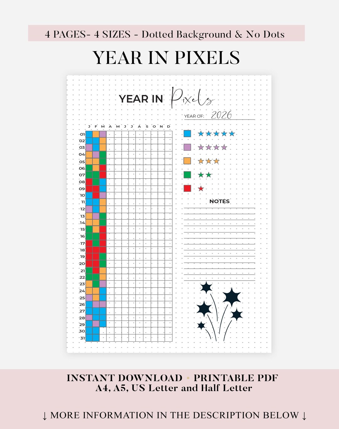 Year in Pixels - Journal Page - Printable Planner Page - Daily Tracker ...