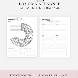 May include: Printable cleaning and home maintenance tracker with a circular chart for weekly and monthly chores, and a checklist for seasonal tasks. The printable planner is available in A4, A5, Letter, and Half sizes.