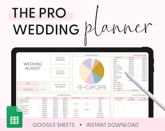 May include: A digital wedding planner spreadsheet template in Google Sheets. The template includes sections for budgeting, expense tracking, vendor information, and a pie chart overview of the budget. The text "THE PRO WEDDING PLANNER" is at the top of the image.
