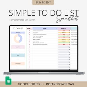 May include: A laptop screen shows a "Simple To Do List Spreadsheet" with a task tracker interface. The display includes a progress chart, task categories, and a list of to-do items with priority levels. The text "Easy to Edit" and "Google Sheets - Instant Download" are also visible.