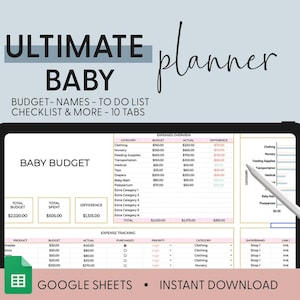 May include: A digital tablet displaying a Google Sheets spreadsheet with a baby budget planner. The spreadsheet includes categories for clothing, nursery, feeding supplies, transportation, medical, toys, diapers, baby bath, postpartum, and extra categories. The spreadsheet also includes a total budget, total spent, and difference. The spreadsheet is titled "Baby Budget". The tablet is on a light gray background.