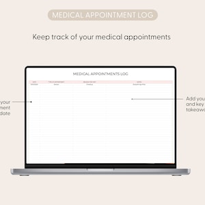 Pu&ograve; includere: Uno schermo di computer portatile che mostra un modello di registro degli appuntamenti medici. Il modello ha colonne per la data, il tipo di appuntamento, il motivo della visita, le note e i punti chiave da portare via. Il testo "Scegli la data del tuo appuntamento" &egrave; sul lato sinistro dello schermo e il testo "Aggiungi le tue note e i punti chiave da portare via" &egrave; sul lato destro dello schermo.