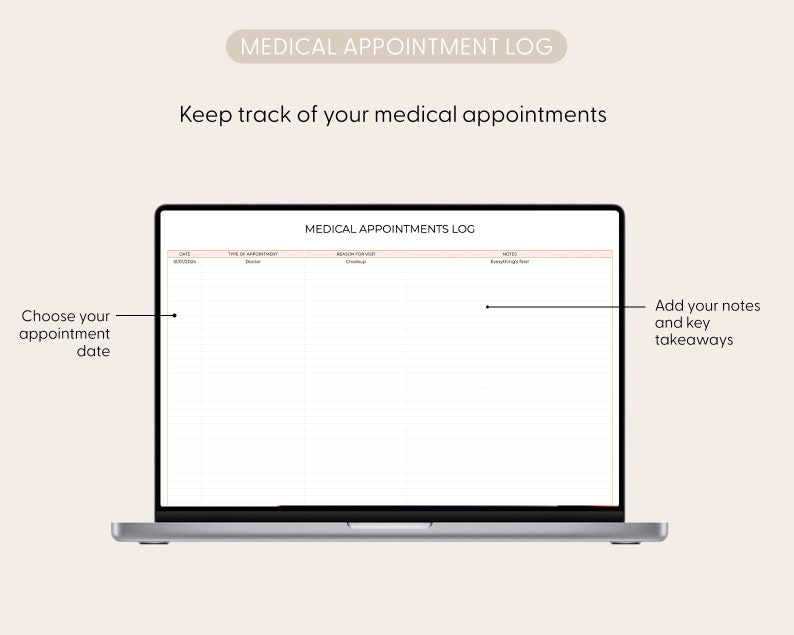 Pu&ograve; includere: Uno schermo di computer portatile che mostra un modello di registro degli appuntamenti medici. Il modello ha colonne per la data, il tipo di appuntamento, il motivo della visita, le note e i punti chiave da portare via. Il testo "Scegli la data del tuo appuntamento" &egrave; sul lato sinistro dello schermo e il testo "Aggiungi le tue note e i punti chiave da portare via" &egrave; sul lato destro dello schermo.