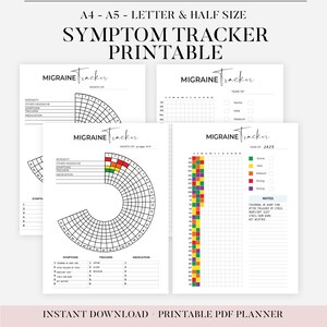 May include: Printable migraine tracker with a calendar, symptom tracker, and notes section. The tracker is designed to help people track their migraines and identify potential triggers.