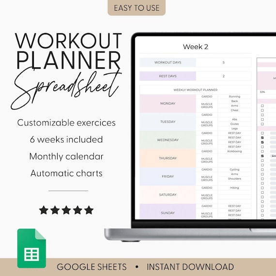 Workout Planner Google Sheets Exercise Tracker Spreadsheet Fitness Planner Template Gym Checklist Weightlifting Training Calendar Pilates