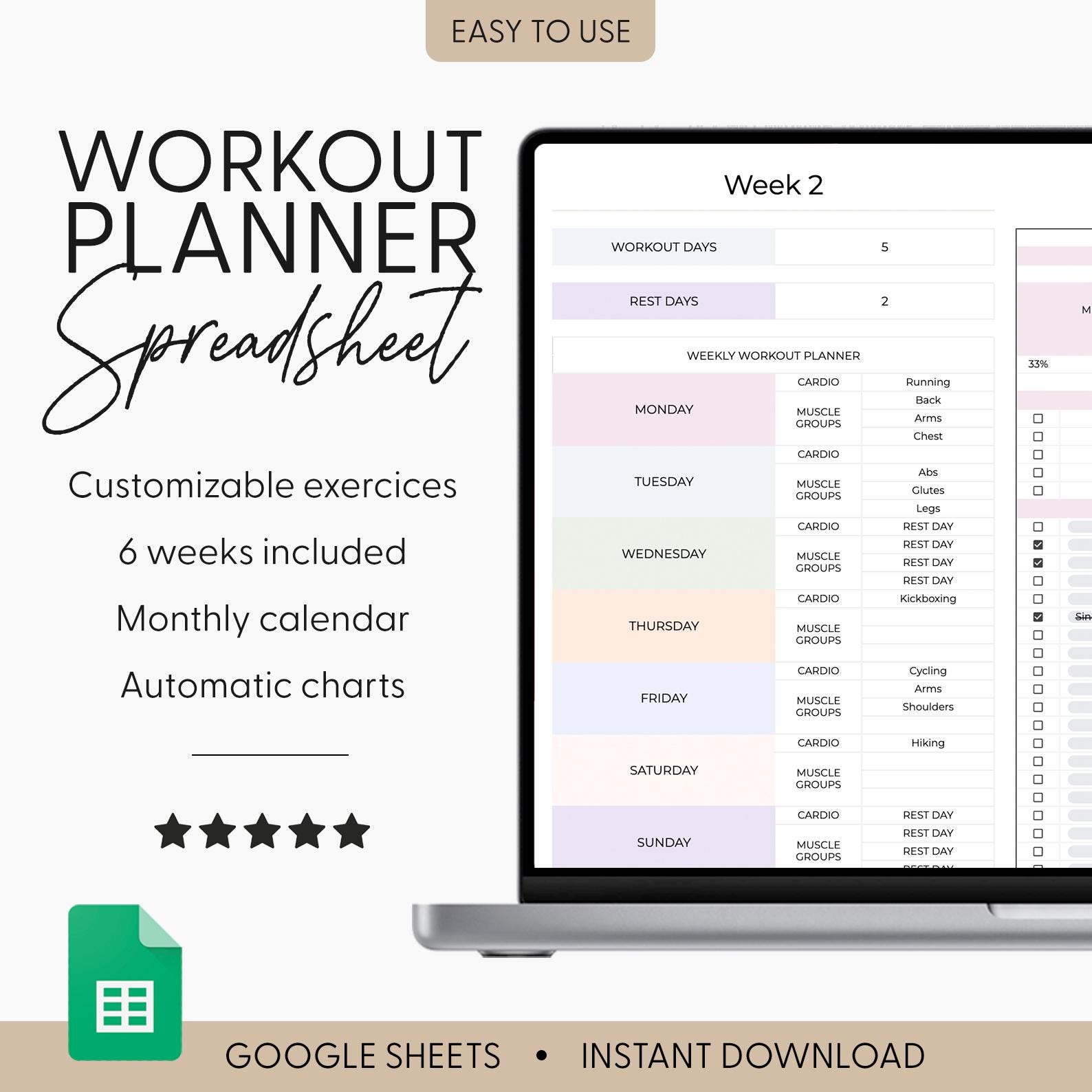 Workout Planner Google Sheets Exercise Tracker Spreadsheet Fitness Planner Template Gym Checklist Weightlifting Training Calendar Pilates