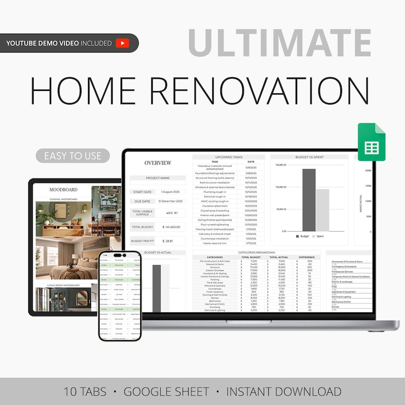 Home Renovation Budget Planner for Excel & Google Sheets | DIY Planner ...