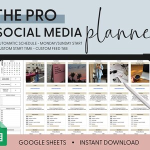 May include: A digital tablet displaying a Google Sheets spreadsheet with a social media planner template. The template includes a calendar, a section for scheduling posts, and a section for tracking progress. The text "THE PRO SOCIAL MEDIA planner" is at the top of the spreadsheet. The text "GOOGLE SHEETS INSTANT DOWNLOAD" is at the bottom of the spreadsheet.