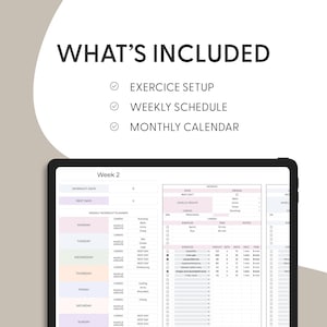 Op de afbeelding: Een digitale planner voor het bijhouden van wekelijkse trainingen. De planner bevat secties voor trainingsdagen, rustdagen, spiergroepen, cardio en trainingsnotities. De planner is geopend voor week 2.