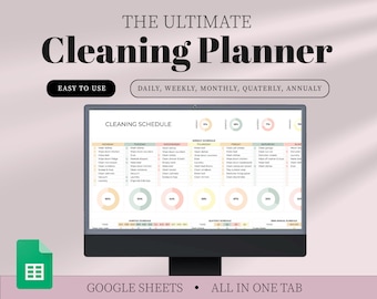 Op de afbeelding: Een computerscherm dat een Google Sheets-spreadsheet weergeeft met een schoonmaakschema. De spreadsheet bevat dagelijkse, wekelijkse, maandelijkse, driemaandelijkse en jaarlijkse schoonmaaktaken. De titel van de spreadsheet is "The Ultimate Cleaning Planner".