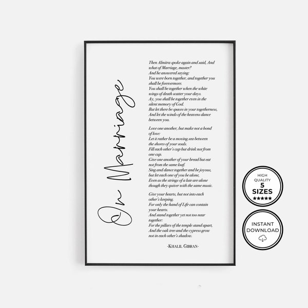 On Marriage Print, On Marriage Printable Art, Anniversary Gift, Wedding Gift, Marriage Gift Poem, Calligraphy & Typography by Kahlil Gibran