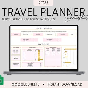 Könnte beinhalten: Ein Laptop-Computer, auf dem eine Google Sheets-Tabelle mit einem rosa-goldenen Farbschema angezeigt wird. Die Tabelle trägt den Titel "Travel Planner" und enthält Registerkarten für Budget, Aktivitäten, To-Do-Liste, Packen und Liste. Die Tabelle soll Benutzern bei der Planung ihrer Reisen helfen.