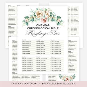 May include: A printable PDF planner with a floral design, featuring a one-year chronological Bible reading plan. The document includes weekly reading schedules and is available in four sizes. Text includes "Instant Download" and "Printable PDF Planner."