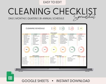 Weekly Cleaning Checklist | Google Sheets Template | Editable Tracker | Monthly, Yearly Chore Chart | House Chore List | Cleaning Planner