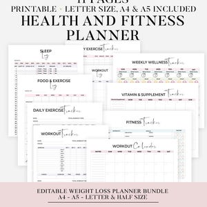 Printable Health and Fitness Planner Bundle, Fitness Tracker, Fitness Journal, Diet, Workout Trackers, Meal planner, A4, A5, Diet Journal