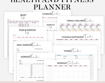 Printable Health and Fitness Planner Bundle, Fitness Tracker, Fitness Journal, Diet, Workout Trackers, Meal planner, A4, A5, Diet Journal