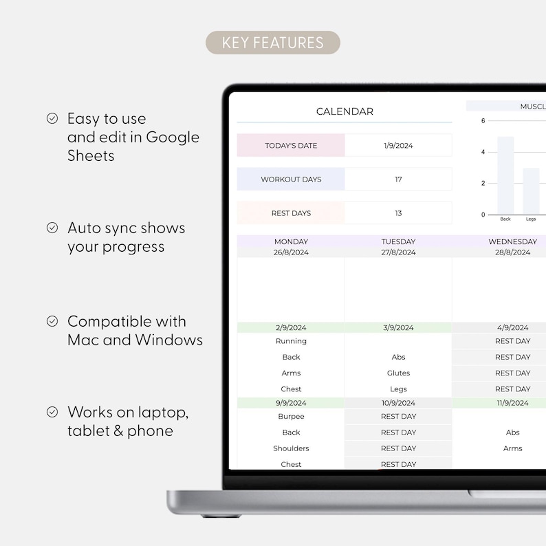 Workoutplanner Google Spreadsheets Workout-tracker Spreadsheet Fitnessplannersjabloon Gym checklist Gewichtheffen Trainingskalender Pilates afbeelding 16