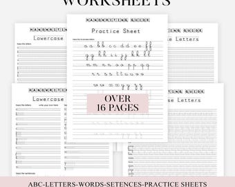 Hoja de trabajo de caligrafía cursiva imprimible, 16 páginas con letras, palabras y oraciones, para niños de secundaria y adultos (solo archivo PDF)