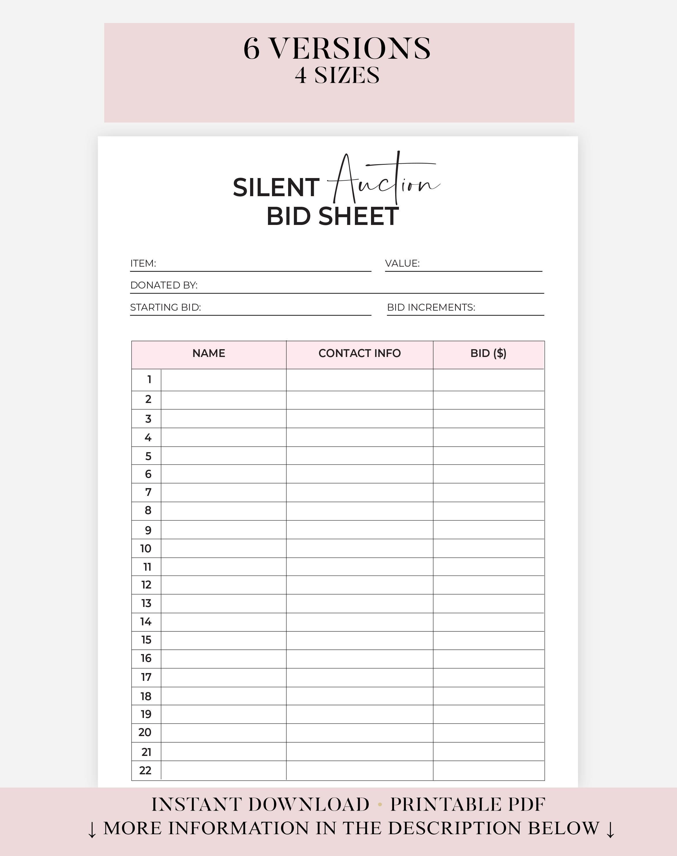 Printable Silent Auction Bid Sheet, Silent Auction Sign up Sheet ...