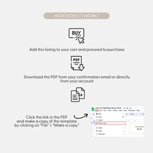 Op de afbeelding: Een stapsgewijze handleiding over het kopen en gebruiken van een digitale bruiloftplanner-sjabloon. De afbeelding toont een computerscherm met een geopend PDF-bestand en de optie "Maak een kopie" is gemarkeerd. De tekst "HOE WERKT HET?" staat bovenaan de afbeelding.