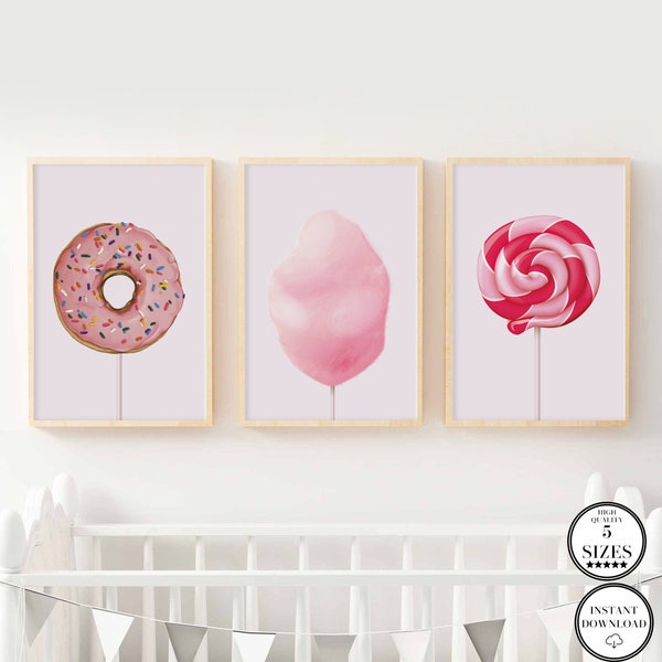 Ensemble de 3 art mural bonbon rose, décor de chambre de filles, impression de pépinière de barbe à papa, impression d'art de beignet, art de mur de sucette, décor d'art de chambre d'enfants de sucrerie