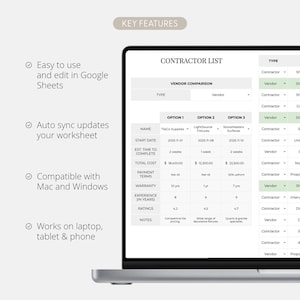 May include: A laptop screen displays a contractor list template. The spreadsheet shows vendor comparisons with details like start dates, costs, and warranties. Key features include ease of use in Google Sheets, auto-sync updates, and compatibility with Mac and Windows.