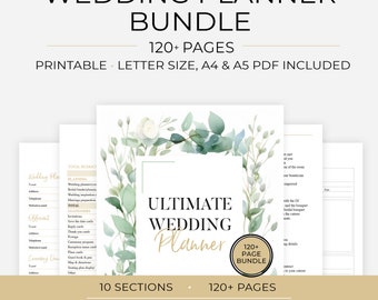 May include: A wedding planner bundle with the text "WEDDING PLANNER BUNDLE" and "ULTIMATE WEDDING Planner". The bundle includes 120+ pages, printable in letter, A4, and A5 PDF formats. The design features floral elements and is from the "ONE WAY COLLECTION".