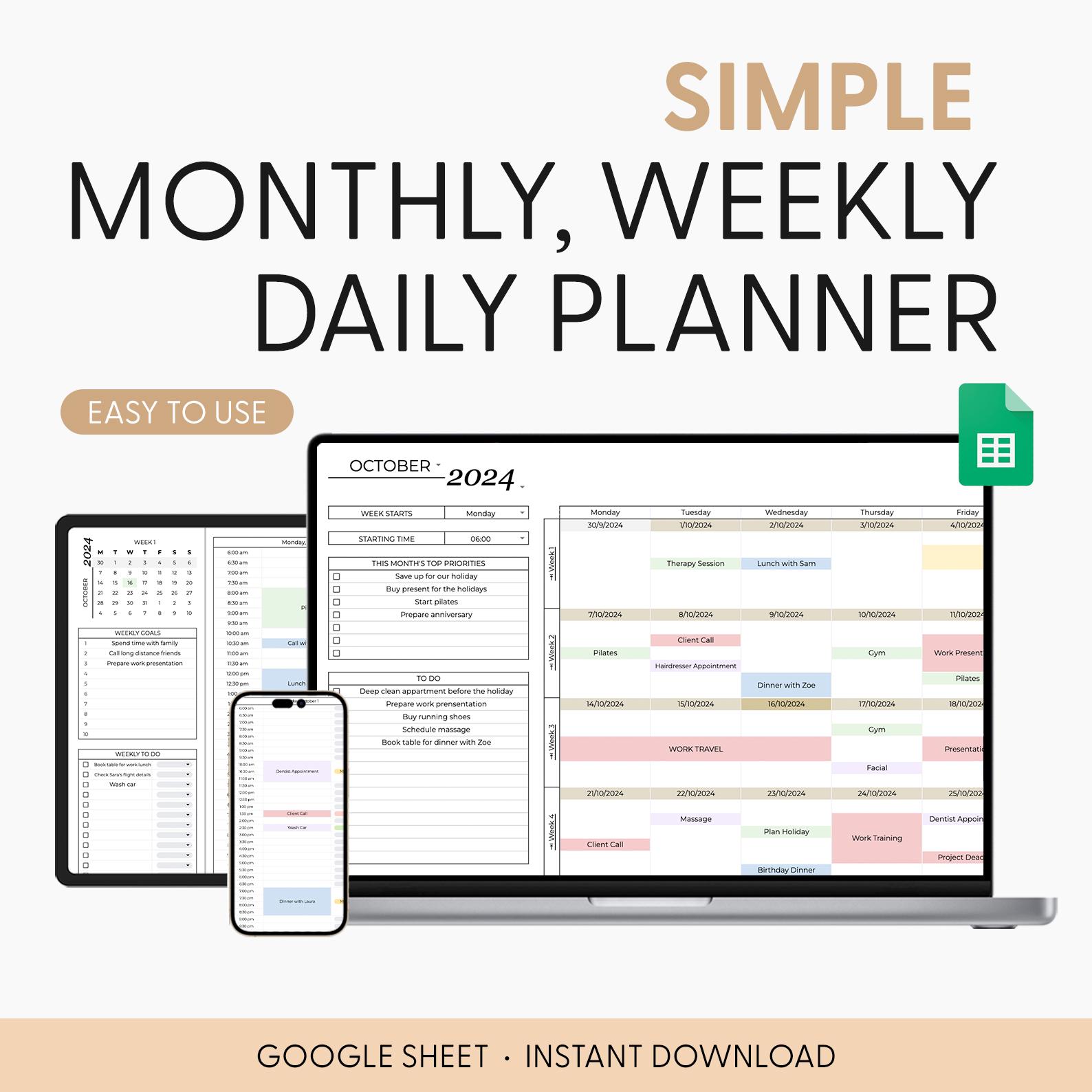 Monthly Weekly and Daily Planner Calendar for Google Sheets, Daily and Weekly Digital Planner template, Task Tracker Spreadsheet, To Do List
