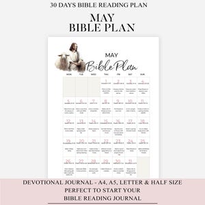May include: A printable May Bible reading plan calendar with a pink and white colour scheme. The calendar features a daily Bible reading schedule with a devotional prompt for each day. The calendar is decorated with a watercolour illustration of a shepherd and a lamb.