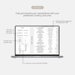 May include: A laptop displays a spreadsheet interface with the word "SETUP" at the top. The screen shows options to customize currency, units, start/end dates, and project categories. Text on the screen includes "Choose your custom units" and "Set your count units for the BoQ."