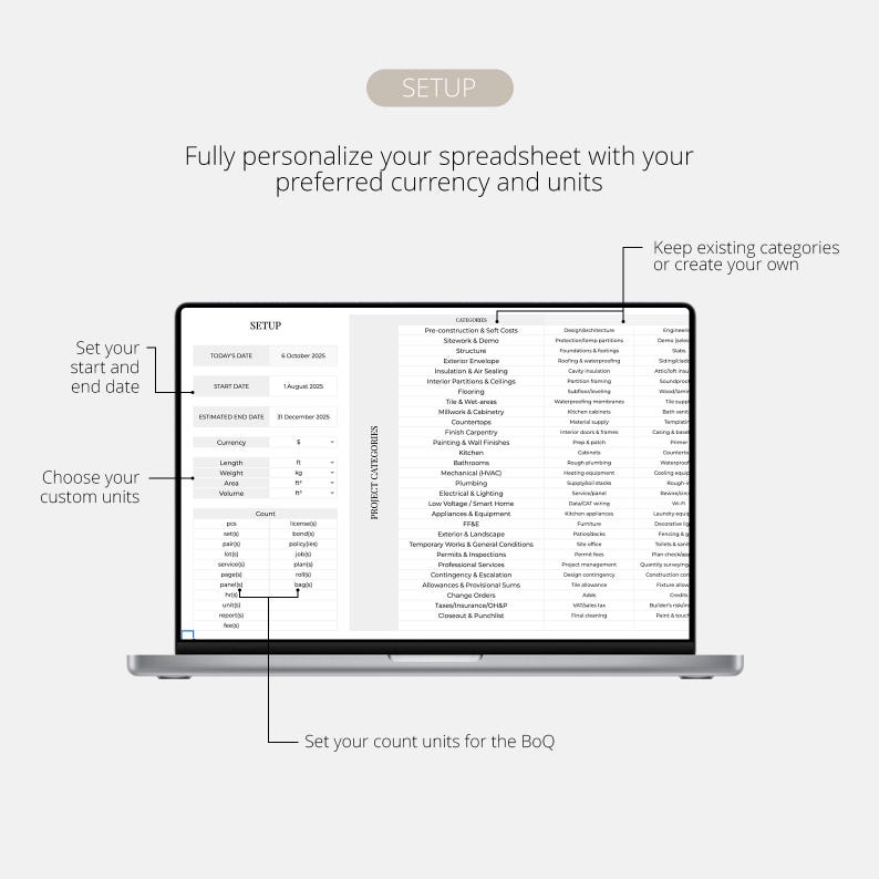 May include: A laptop displays a spreadsheet interface with the word "SETUP" at the top. The screen shows options to customize currency, units, start/end dates, and project categories. Text on the screen includes "Choose your custom units" and "Set your count units for the BoQ."