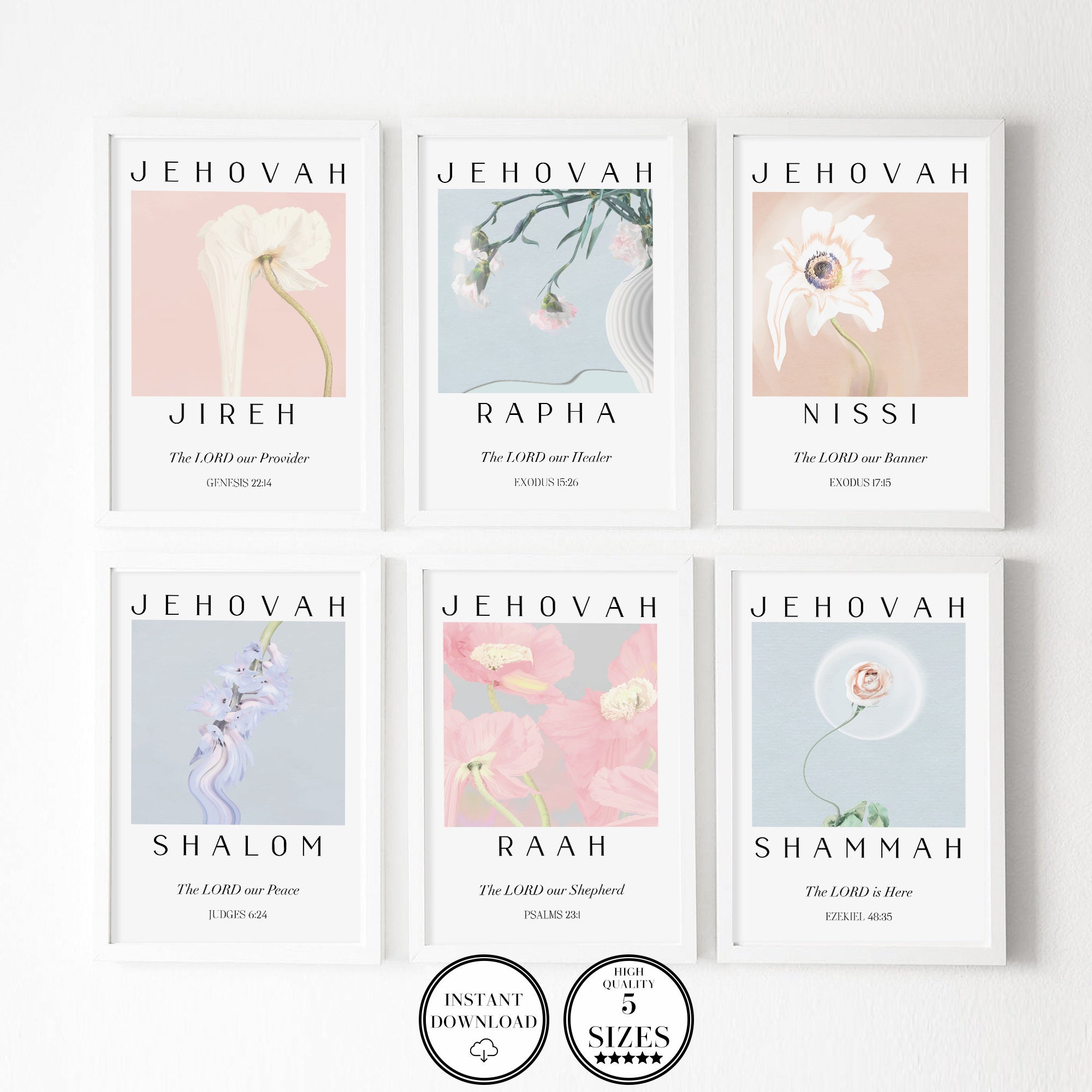 Set of 6 Christian Printable Wall Art, Jehovah Jireh Rapha Shalom Shammah Nissi Raah Wall Art ...