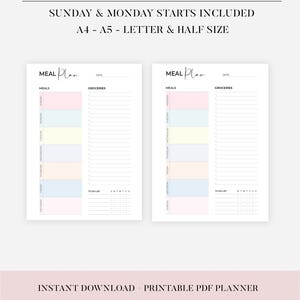 Planificateur de repas avec modèle imprimable de liste de courses, plan de menus de 7 jours, planificateur de repas hebdomadaire, planificateur de nourriture, santé et forme physique, A4/A5/Letter/Half