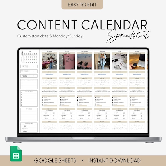 Social Media Content Calendar, Social Media Monthly Content Planner, Google Sheet Spreadsheets, Instagram, Youtube, TikTok, Facebook Planner