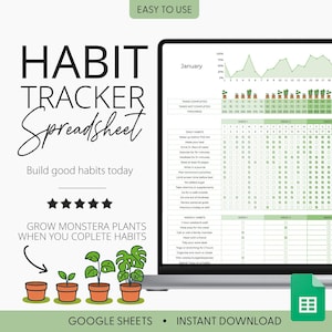 Pode incluir: Uma planilha digital de controle de hábitos exibida na tela de um laptop. A planilha é verde e branca, com seções para hábitos diários e semanais. A imagem inclui o texto "HABIT TRACKER Spreadsheet".