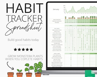 Könnte beinhalten: Ein digitales Gewohnheitstracker-Tabellenkalkulation, das auf einem Laptop-Bildschirm angezeigt wird. Die Tabelle ist grün und weiß und enthält Abschnitte für tägliche und wöchentliche Gewohnheiten. Das Bild enthält Text, der "HABIT TRACKER Spreadsheet" sagt.