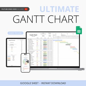 May include: A laptop, tablet, and smartphone display a Gantt chart. The laptop screen shows a detailed project timeline. The image includes the text "ULTIMATE GANTT CHART", "EASY TO USE", and "GOOGLE SHEET - INSTANT DOWNLOAD". A YouTube demo video is also included.
