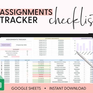 Op de afbeelding: Een digitale takenlijst-checklist weergegeven op een tabletscherm met een stylus. De interface bevat een samenvatting, een lijst met aankomende opdrachten met datums, een staafdiagram en een gedetailleerde tabel met vervaldata, status en vaknamen.