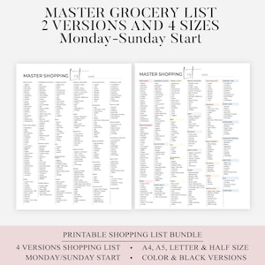 May include: Printable PDF grocery list planner with two versions and four sizes. The design includes a master shopping list with sections for various food categories. The text includes "Monday-Sunday Start" and "Printable Shopping List Bundle".