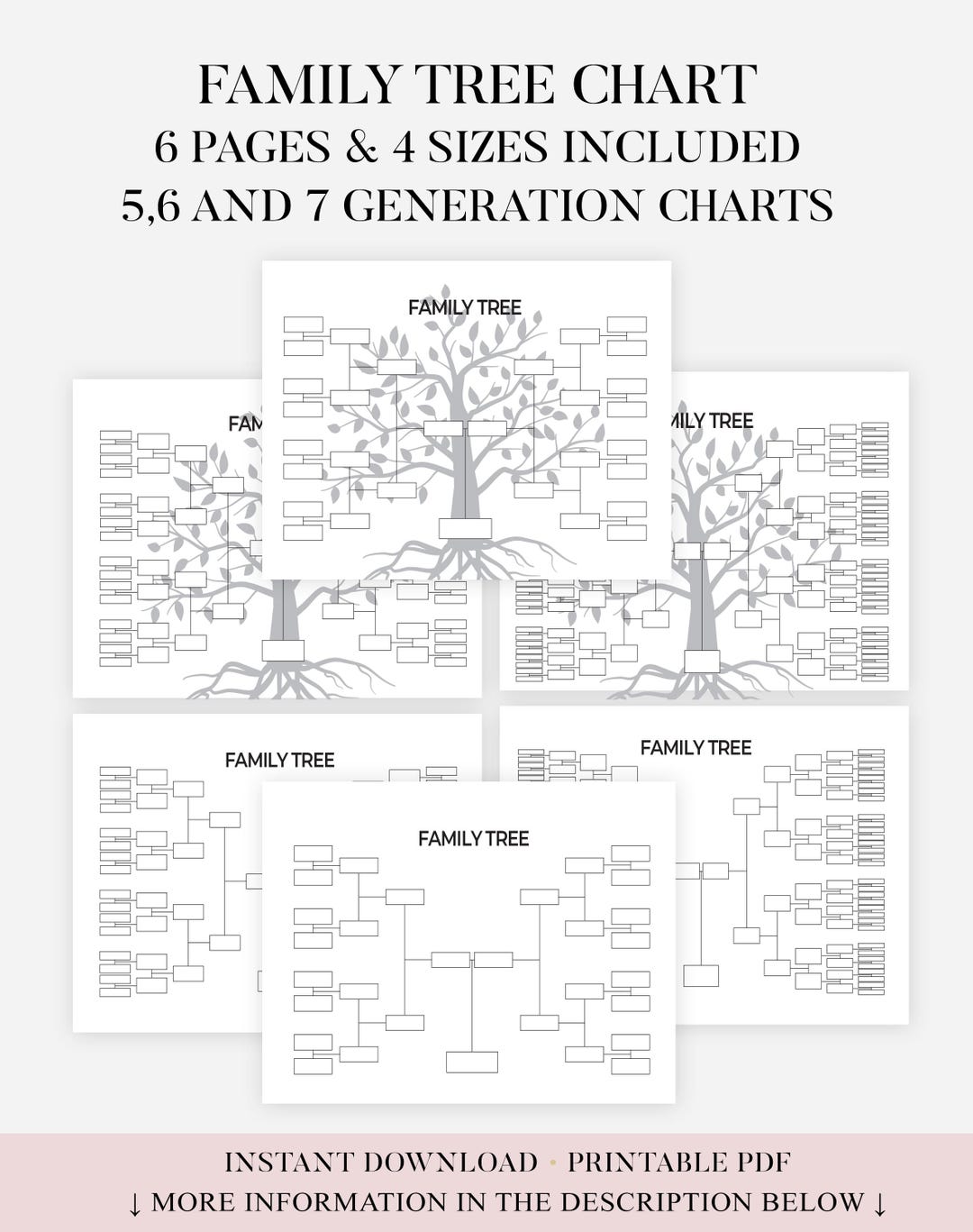 Family Tree Chart, Printable Family Tree Template, 5 Generation, 6 ...