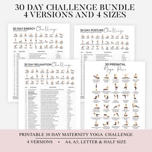 Könnte beinhalten: Ein druckbares PDF-Planer-Bundle mit vier Versionen einer 30-Tage-Challenge, darunter Energie, Haltung, Entspannung und Pränatal-Yoga. Erhältlich in vier Größen: A4, A5, Letter und Half Size. Der Text lautet "Sofort-Download" und "Druckbarer PDF-Planer".