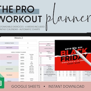 BLACK FRIDAY Workout Planner Google Sheets Exercise Tracker Spreadsheet Fitness Planner Template Gym Checklist Training Calendar Pilates