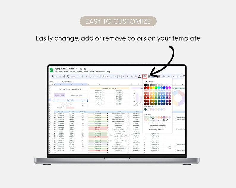 May include: A laptop screen displaying an assignment tracker spreadsheet template. The interface shows a color selection menu with a grid of various hues, a black arrow pointing to the fill color icon, and the text EASY TO CUSTOMIZE.
