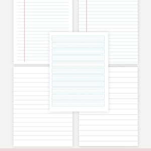 Puede incluir: Un conjunto de hojas de papel blanco con líneas azules y rosas, y una hoja más pequeña con líneas punteadas. El texto en la parte inferior dice "INSTANT DOWNLOAD - PRINTABLE PDF PLANNER" y "MORE INFORMATION IN THE DESCRIPTION BELOW".