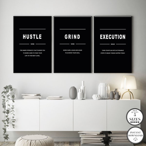 Hustle Grind exekutieren Print Set, motivierende Bürodekoration, inspirierende Poster, Unternehmer Wandkunst, druckbare Büro Definition Zeichen