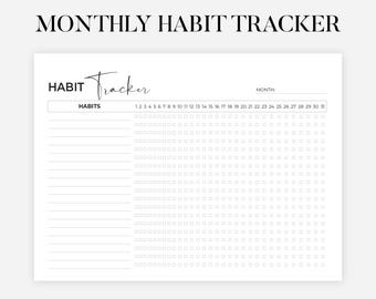 Monthly Habit Tracker Printable Landscape, Habit Tracker Template, Routine Tracker, 30 Day Habit Challenge, A4/Letter, Instant Download