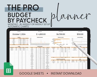 May include: A digital budget planner template for Google Sheets. The template is designed to help users track their income, expenses, and savings. The template includes charts and graphs to visualize financial data. The template is titled "The Pro Budget by Paycheck" and includes the date "October 1, 2024".