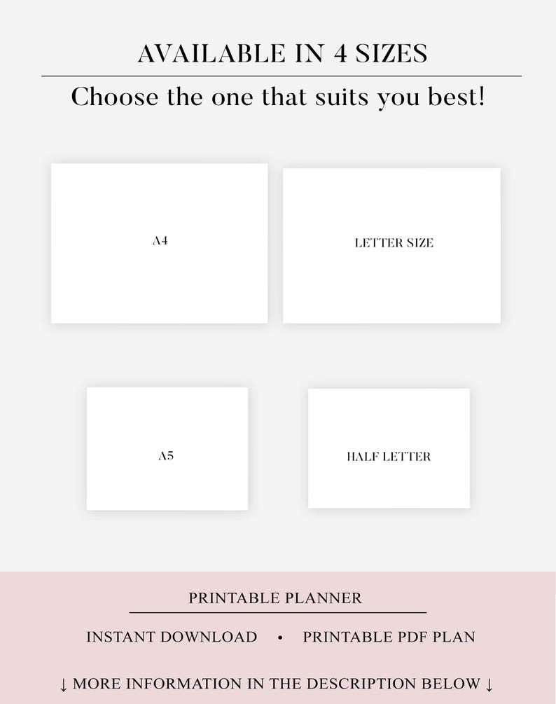 May include: Printable planner available in four sizes: A4, Letter, A5, and Half Letter. Instant download, printable PDF plan. More information in the description below.